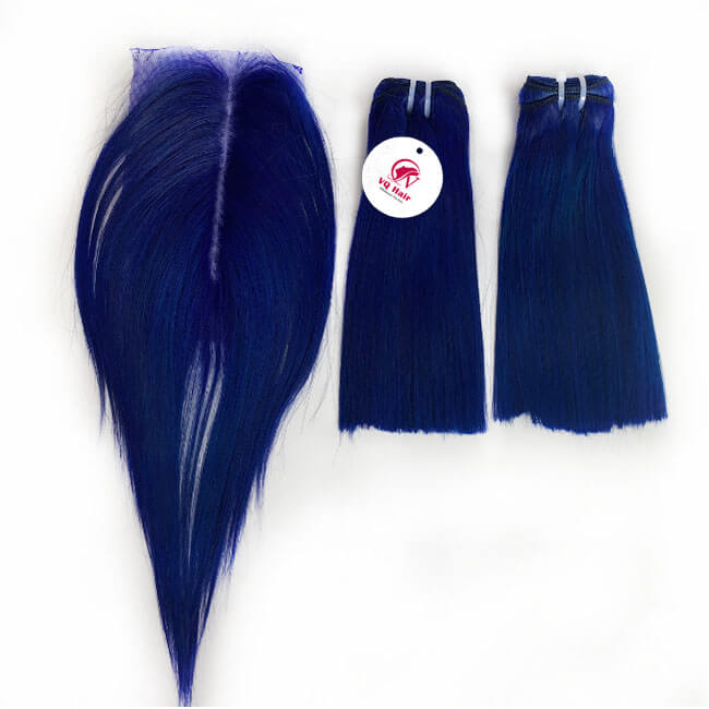 Hair bundles blue color with closure middle part