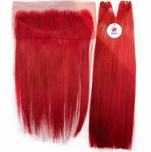 Human hair bundles with frontal  - Red color