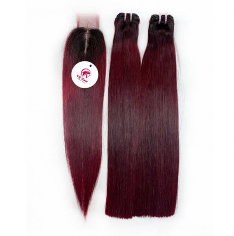 Remy virgin human hair and closure bundles - Burgundy color